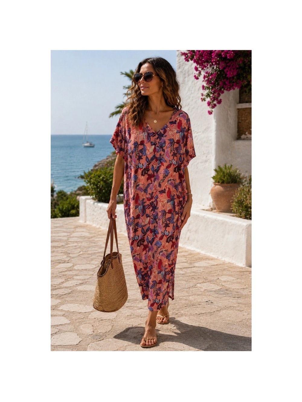 LOGO by Lori Goldstein Peach Floral Midi Dress with Blue & Purple Accents